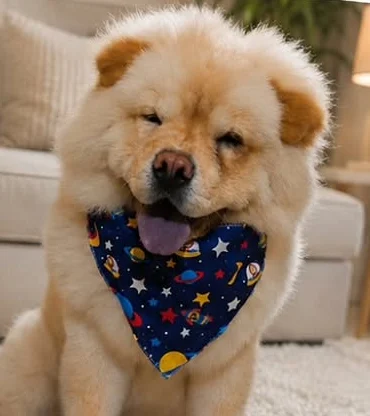 Chow chow de Lyon Gym con pañuelo de estrellas